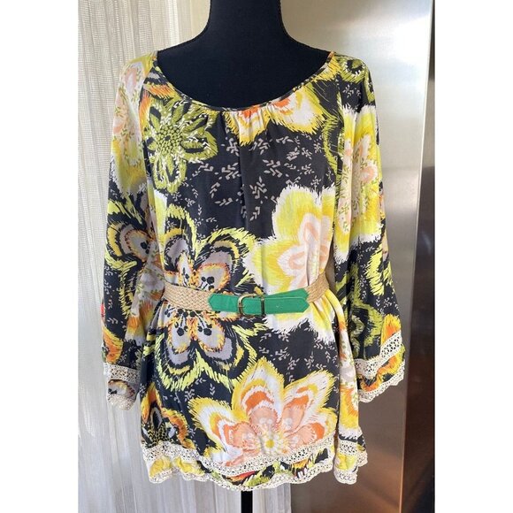 Vintage 80s oversized blouse, black, yellow, lime green flowers, bell sleeves - Picture 8 of 9